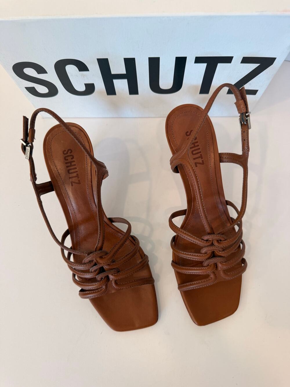 Schutz Octavia Mid Strappy Leather Sandals Brown New Wood Size 8.5 NIB